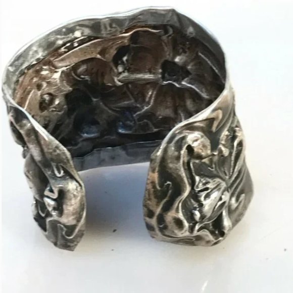 Antique Art Nouveau Sterling Cuff Bracelet Floral 925 Victorian Wide Bouquet - Picture 7 of 7